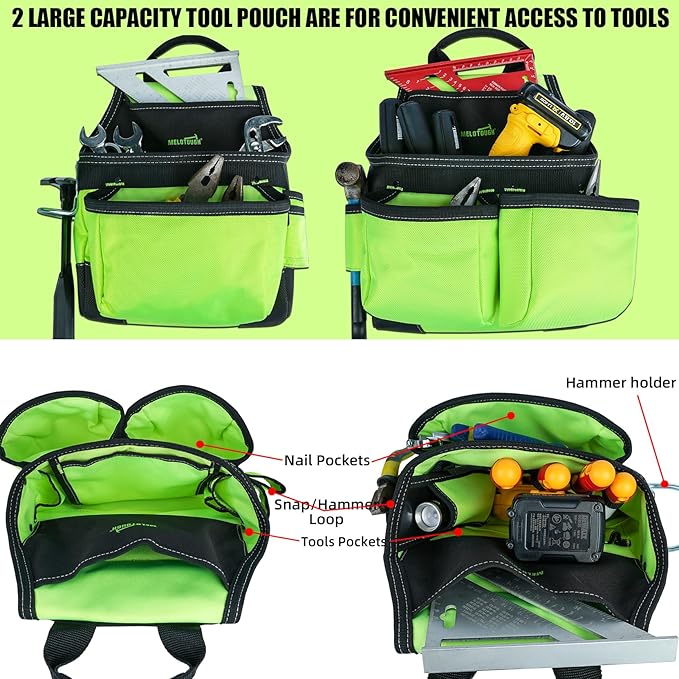MELOTOUGH Reflective Safety Tool Belt with Suspenders Tool Bag Supenders Framers Comb Apron Construction Tool Pouch Builder Heavy Duty Carpenter Suspension Rig for Electrician, Roofing