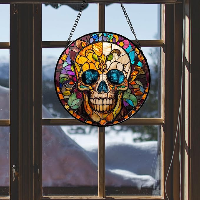 Stained Glass Window Hanging Halloween Retro European Colorful Skull 7.8" - Suncatcher Door Garden Sun Catcher Gothic Decor Birthday Horror Funny Gift for Mom Woman Nana Friend Men