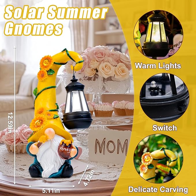 Birthday Gifts for Mom Grandma Woman 12" Solar Sunflower Gnome Garden Statues Honey Bee Jar Decor with LED Lantern Outdoor Gnomes Decorations Patio Yard Balcony Art