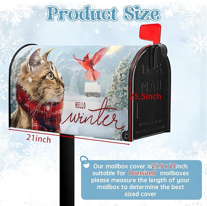 Hello Winter Oversize Magnetic Mailbox Cover - Hello Kitty Cardinal Snowy Waterproof Post Letter Cover - Rustic Snow Tree Red Bird Mailbox - Large Size 25.5" L x 21" W