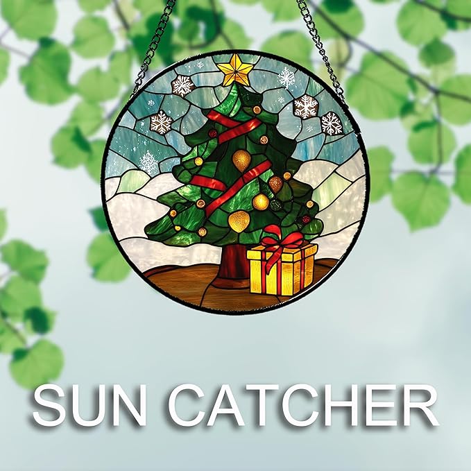 Stained Glass Window Hanging Green Christmas Tree Snowflake 6.3" - Suncatcher Door Garden Sun Catcher Xmas Holiday Decor Birthday for Mom Men Woman Friend Nana