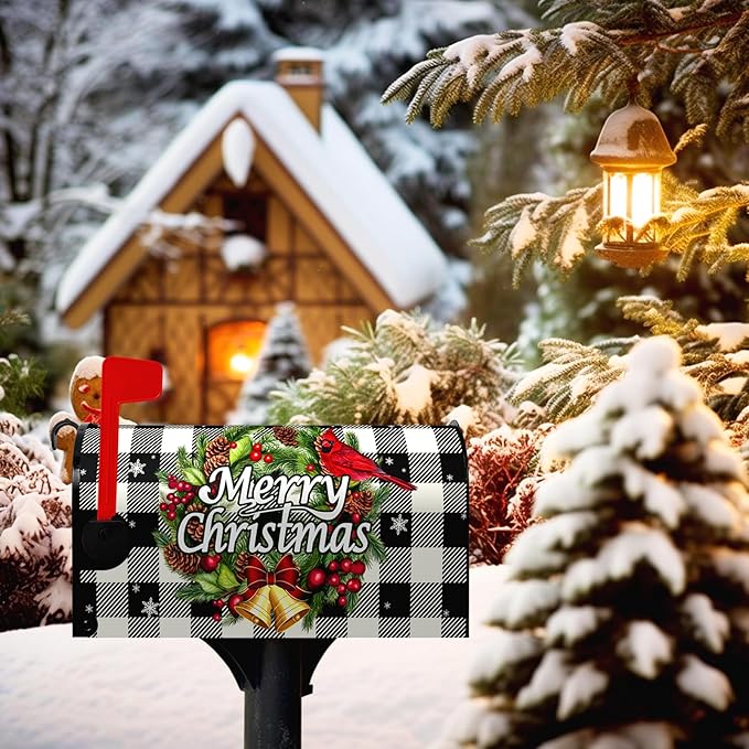 Merry Christmas Mailbox Covers Magnetic Standard Size Winter Buffalo Plaid Mailbox Post Cover Xmas Snowflake Mailbox Wraps Holiday Decor Waterproof 21 X18 Inch