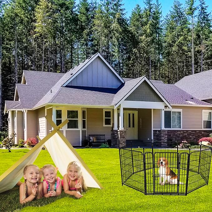 ADAVIN 48 in(H) Garden Fence, Low Threshold Door, Yard Fence for Dogs, 4 Panels Total 8.9 Ft(L) Garden Fencing Animal Barrier, Black Iron Metal Heavy Duty Pet Fences,Dog Digging Fences Barrier