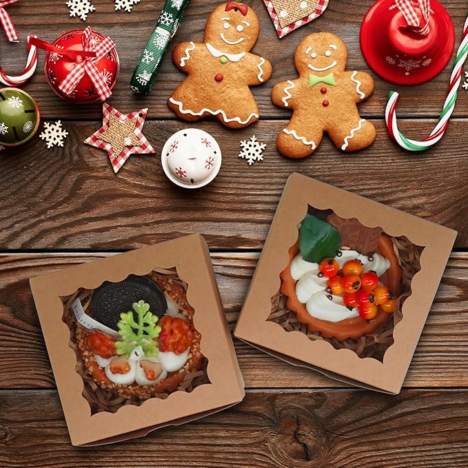 50pcs Cookie Boxes 4x4x2.5 Inch Bakery Boxes with Window Treat Box Dessert Box for Wedding Favors Party - Brown