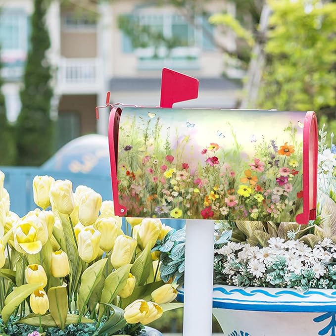 Spring Magnetic Mailbox Covers Flower Mailbox Covers Magnetic Standard Size 18" X 21" Butterfly Floral Wraps Post Letter Box Cover Decor for Outside Garden Yard Farmhouse Home