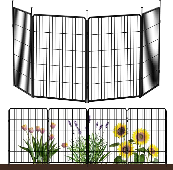 SunsGrove Garden Fence 40 in(H) x 8.9 ft(L) 4 Panels, Heavy Duty Metal Animal Barrier Fence for Dogs, Easy No-Dig Setup, Decorative Dog Fences, Black