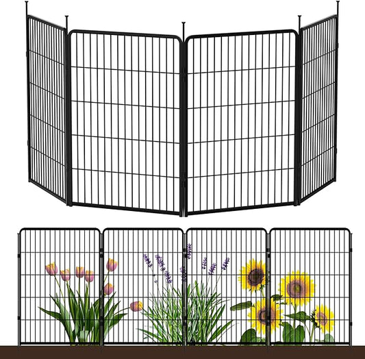 SunsGrove Garden Fence 40 in(H) x 8.9 ft(L) 4 Panels, Heavy Duty Metal Animal Barrier Fence for Dogs, Easy No-Dig Setup, Decorative Dog Fences, Black