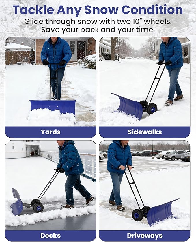 Snow Pusher with Wheels for Driveway, 29.5" Wide Heavy Duty Steel Blade, 7-Position Angle Adjustment & 60° Tilt Handle, Ergonomic Push Snow Shovel with Ground Protection for Effortless Snow Removal