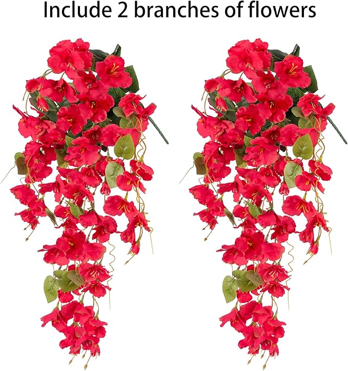 Artificial Hibiscus Fake Hanging Flowers Plants for Outdoors Spring Summer Decoration, 2pcs Red Silk Hibiscus Long Trailing Vines UV Resistant Realistic Faux Flower for Outside Front Door Porch Patio
