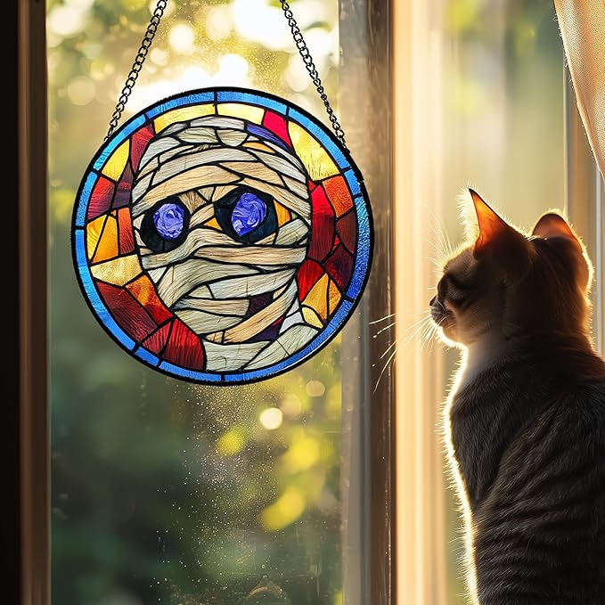 Stained Glass Window Hanging Halloween Blue-Purple Eyeball Mummy 9.8" - Suncatcher Door Garden Sun Catcher Gothic Decor Birthday Horror Funny Gift for Mom Woman Nana Friend Men
