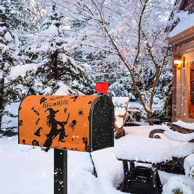 Happy Halloween Mailbox Covers Magnetic Standard Size 21x18 inch Witch Spider Mail Box Cover Skull Ghost Post Letter Box Cover for Outdoor Garden Decor Orange