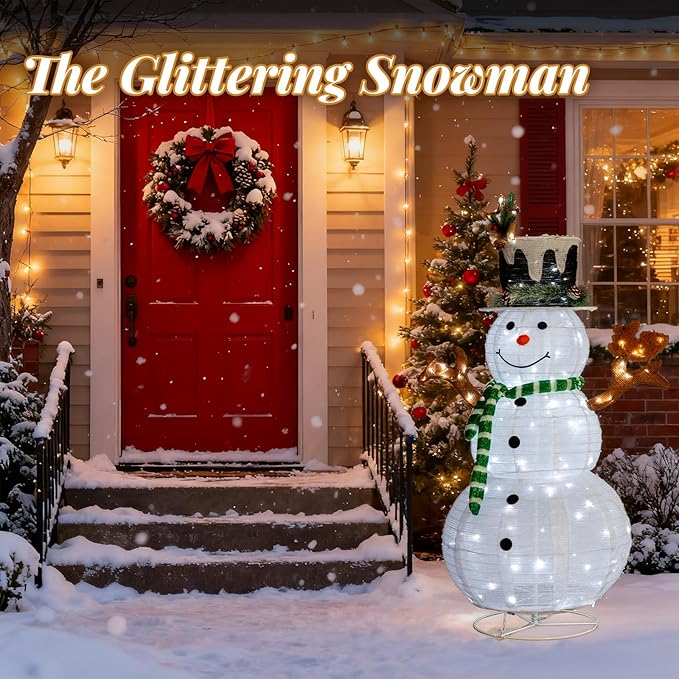 VINGLI 4FT Lighted Snowman Christmas Decorations Outdoor Indoor, Prelit 90 LED Snowman Home Yard Decor with Stakes, Weatherproof Xmas Holiday Winter Front Porch Lawn Garden Patio Pathway Display