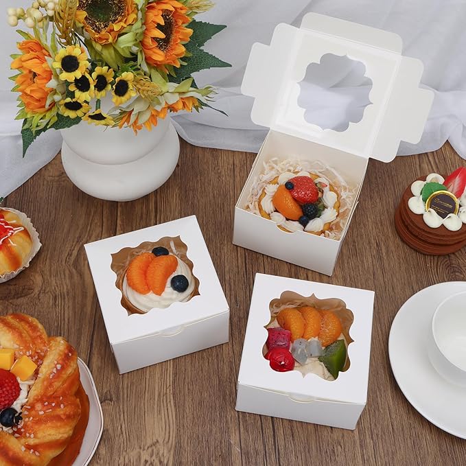 TOMNK 150pcs White Cookie Boxes with Window,4x4x2.5 Inch Small Bakery Boxes, 3 Style, for Dessert, Chocolate Strawberries Donuts and Party Favor