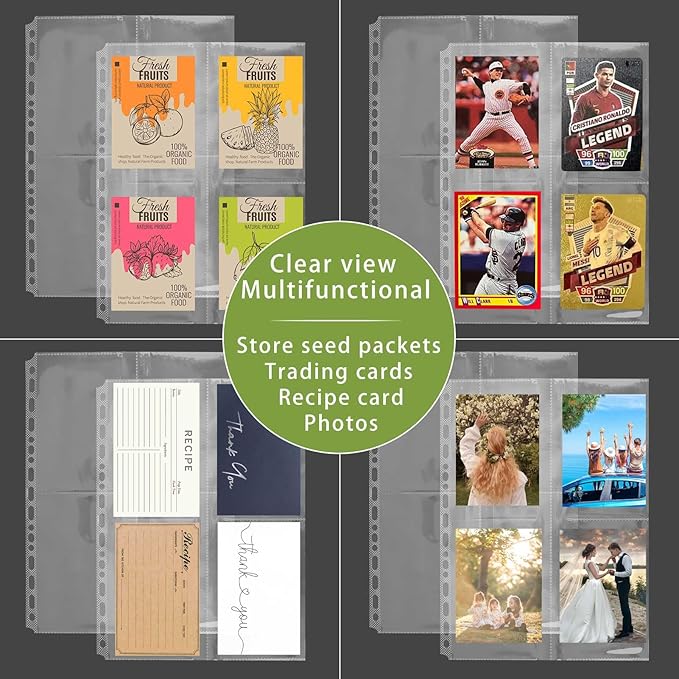 PABCK 100 Pockets Kraft Paper Binder Sheet Garden Seeds Packet Storage Book 4 Side Loading (Slot Size 3.62x5.19 inch) Plastic Clear 25 Sheet Protector Seed Envelopes Organizer Photo Album Card Sleeves