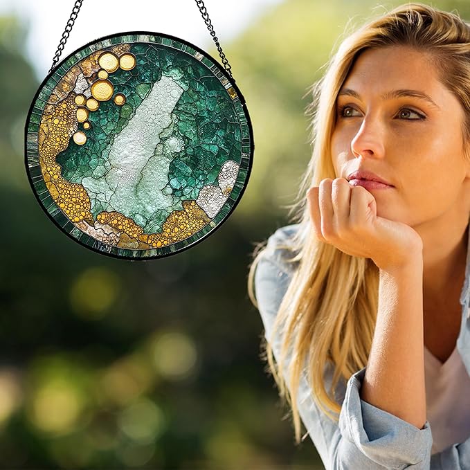 Stained Glass Window Hanging - Abstract Suncatcher for Doors Garden Patio Yellow Green Sun Catchers Decor Christmas Mother's Day Birthday Gifts for Boy Women Men Mom Nana Friend 7.8 in