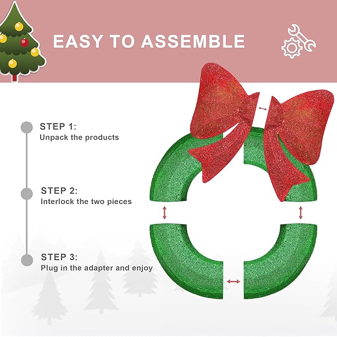 Lamerge 1PC Pre-Lit Outdoor Christmas Wreath Decorations, 36'' Bow Holiday Decor Wreath, Christmas Wreath with 90 Lights, Lights Outdoor/Indoor Decorations for Front Door, Wall, Window, Green