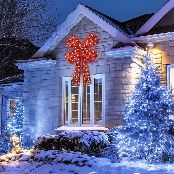 Lighted Giant Christmas Bows Decoration - HOYECHI Lighted Large Outdoor Bows for Wreaths, Outdoor Hanging Christmas Decorations, LED Holiday Yard Décor with 75 Lights - Red