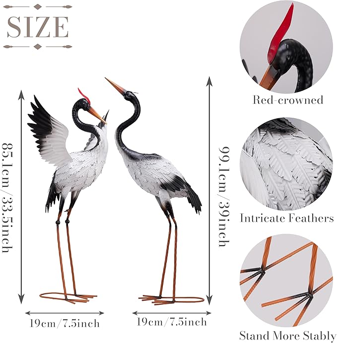 TERESA'S COLLECTIONS Yard Decorations Outdoor Garden Statues, White Metal Crane Yard Art, 33-39" Lawn Ornaments for Backyard,Outside Porch,Patio,Heron Decoy Bird Garden Decor,Set of 2,Gifts for Mom