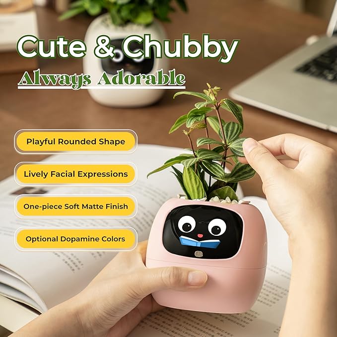 Ivy AI Smart Plant Pot with Emoji Intelligent Planter Robot for Houseplants Tamagotchi Flower Pot Stylish Plantagotchi Home Decor(Blush)