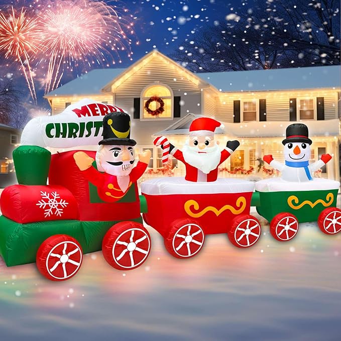 12 Ft Long 4 Ft Tall Christmas Inflatable Train with Nutcracker, Santa Claus and Snowman, Christmas Decorations Outdoor Blow Up Xmas Train Carriage with Build-in LEDs Holiday Party Garden Yard Decor
