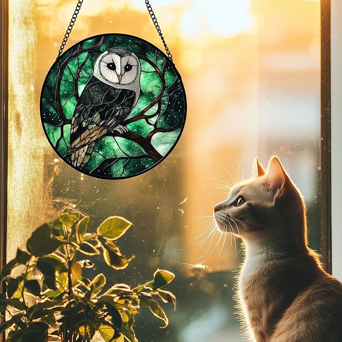 Stained Glass Window Hanging 4 Pcs Set Green Forest Night Sky Wildlife 6.3" - Suncatcher Door Garden Sun Catcher Decor Birthday for Mom Woman Nana Men Friend