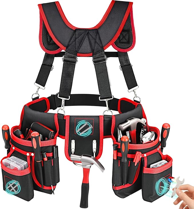 Tool Belt, Professional Tool Belts with Suspenders, Magnetic Tool Pouch for Men, Heavy Duty Detachable Adjustable Work Belt for Electrician, Carpenter, Construction