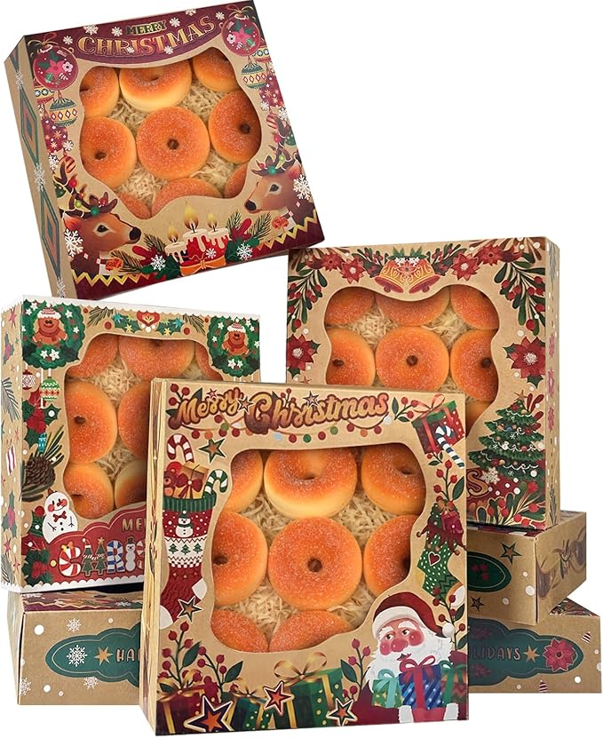 qiqee Christmas Kraft Cookie Boxes with Window 12packs 9x9x2.5 Inch Bakery Box Pastry Box for Christmas