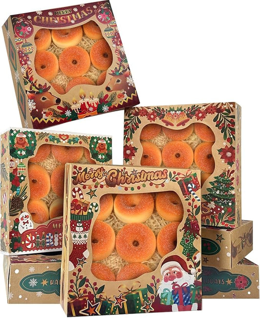 qiqee Christmas Kraft Cookie Boxes with Window 12packs 9x9x2.5 Inch Bakery Box Pastry Box for Christmas