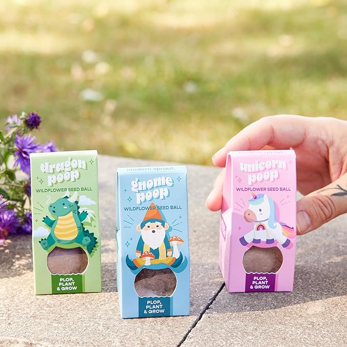Modern Sprout Wildflower Seed Ball Poop - Non-GMO, Hand-Rolled Clay Seed Bombs with Wildflower Seeds - Plop Plant & Grow Gardening Gift Set for Kids & Adults - (Magical Plop - Pack of 3)