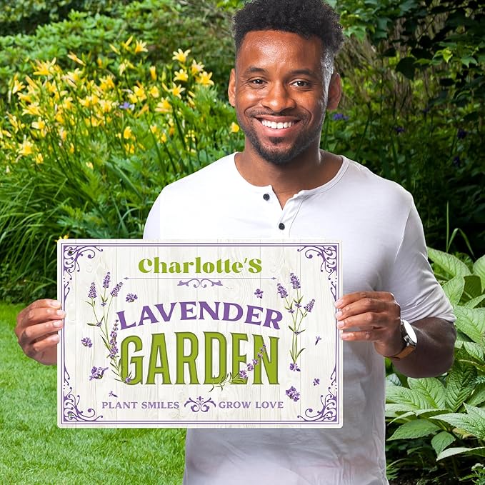 Custom Lavender Garden Sign, Personalized Name for Flower Garden, Christmas Gift and Backyard Décor Sign, 12x18 Inches, Rust Free .063 Aluminum, Fade Resistant, Made in USA by Sigo Signs