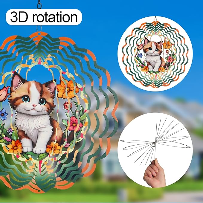 Metal Wind Spinners for Outdoor,Birthday Gifts for Women Mom Grandma, 12 Inch Cute Brown cat Wind Spinner, Kinetic Sculpture Garden Decor for Ornament Gifts