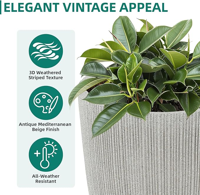 19" H Mediterranean Beige Round Planter for Outdoor Plants,Set of 2 Large Flower Pot with Drainage Hole,Weather-Resistant for Porch,Garden,Patio or Indoor Use, Ideal for Christmas Decoration