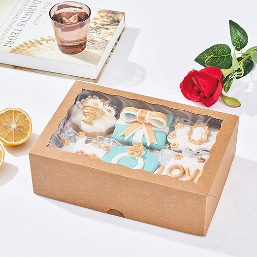 12PCS 10 x 7 x 2.5 inches One Piece Premium Strawberry Boxes, Cookie Boxes, Natural Kraft Brown Bakery Box with Display Window