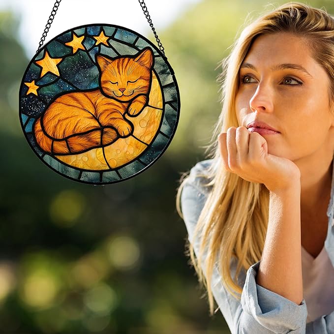 Stained Glass Window Hanging - Orange Cat Sun Catcher for Door Home Decor Stars and Moon Suncatcher Christmas Mother's Day Birthday Loss of a Pet Gifts for Women Men Mom Nana 6.3 in