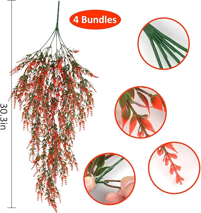RECUTMS Artificial Lavender Fake Hanging Flowers 4Pcs Plants Faux Plastic Kitchen Home Wedding Office Garden Decor (Orange)