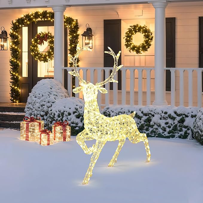 LuxenHome Lighted Reindeer Christmas Outdoor Yard Decorations, Prelit Runing Reindeer Indoor & Outdoor Christmas Decor with 300 LED Lights, Xmas Decorations for Front Porch, Lawn, Garden Display