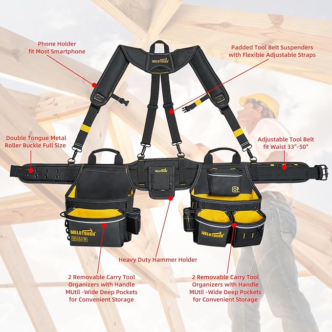 MELOTOUGH Carpenters Tool Belt with Suspenders Professional Tool Belt Combo Organizer With Tool Pouch Suspenders with 32 Pockets and Loops fits 33"-47"Waist for Electrican/Contractor/Technican(Yellow)