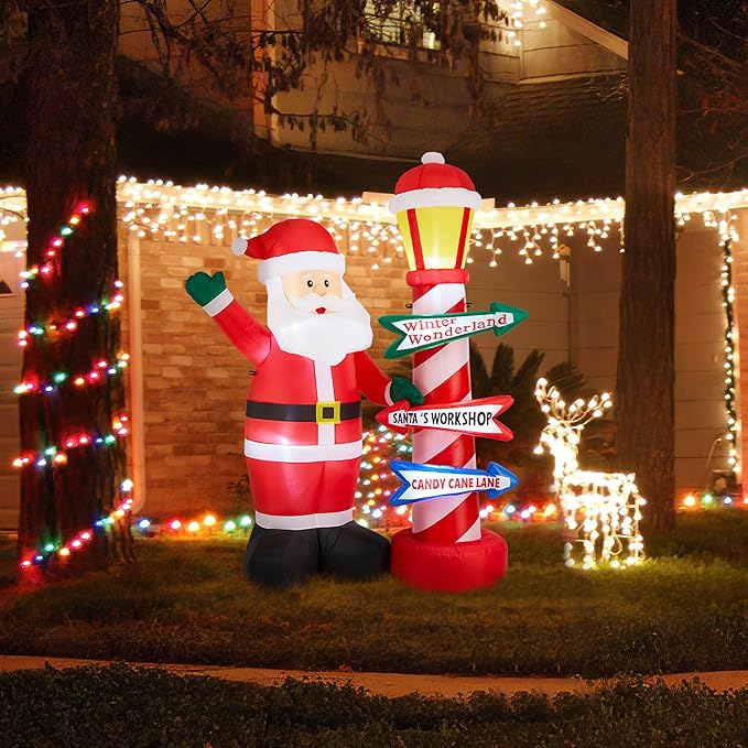 eUty 7ft Christmas Inflatable Outdoor Decoration Lighted Santa with Lamp Post Sign Decor Waterproof Christmas Blow Up Yard Decorations for Xmas Holiday Party Yard Garden Lawn Decor