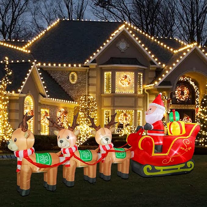 MUMTOP 12FT Long Christmas Inflatables Outdoor Decorations, Inflatables Santa Claus Sleigh with Reindeer Christmas Blow up Yard Decorations Built-in LED Lights for Outdoor Party Holiday Decor