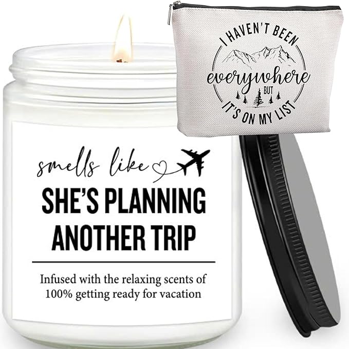 Travel Gifts for Women – 7OZ Scented Candle & Makeup Bag | Unique Gift for Women, Relaxing Aromatherapy, Stylish Cosmetic Bag for Travelers, Travel Christmas Gifts