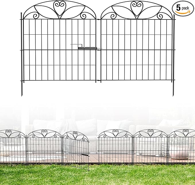 5 Panels No Dig Decorative Outdoor Garden Fence with Gate, 32 in(H) X 11.8 ft(L) Animal Barrier Fencing, Rustproof Portable Fence, Temporary Dog Fence Outdoor for Yard, Outside, Backyard