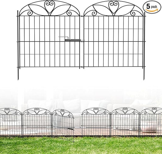 5 Panels No Dig Decorative Outdoor Garden Fence with Gate, 32 in(H) X 11.8 ft(L) Animal Barrier Fencing, Rustproof Portable Fence, Temporary Dog Fence Outdoor for Yard, Outside, Backyard