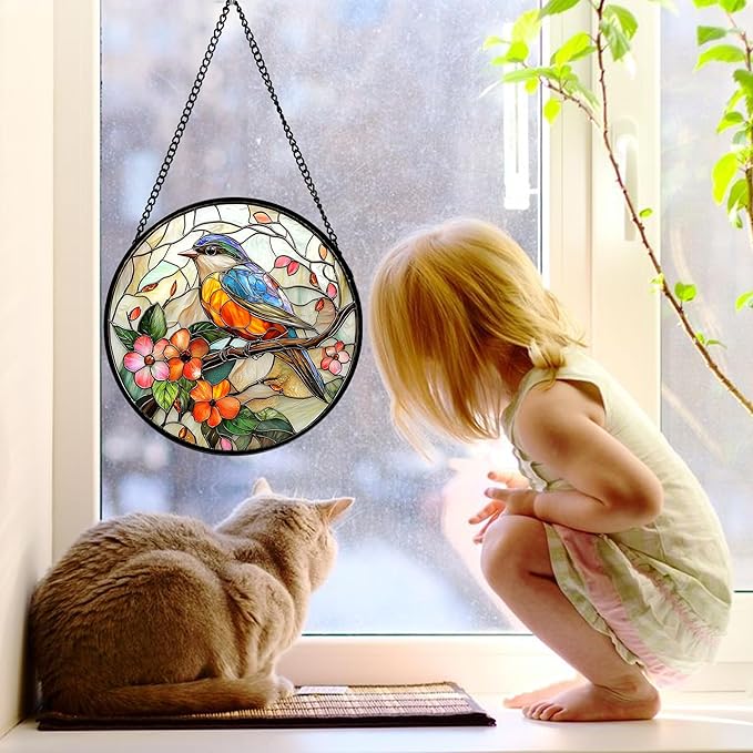 Stained Glass Window Hanging, Blue Bird Pink Flower Suncatcher Diamond Glass Panel Bird Sun Catchers Decor for Birthday for Women, Men, Wife, Aunt, and Mom 6.3 in
