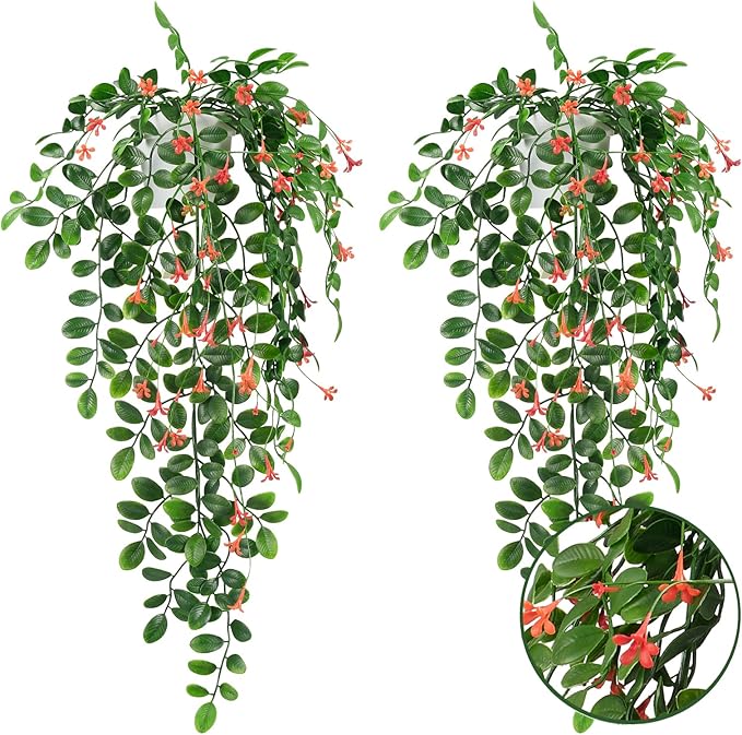 2 x Fake Hanging Plants Small Artificial Potted Lysimachia Plants with OrangeRed Flowers for Home Decor Nearly Natural Hanger Greenery for Wall Room Indoor Outdoor Shelf Decor OrangeRed