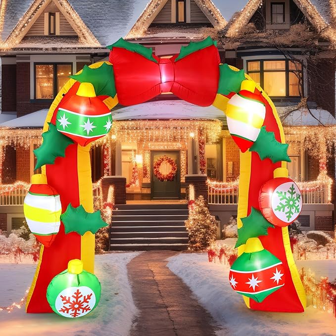 Leyndo 8FT Bow Christmas Inflatable Arch Archway Outdoor Decorations with LED Lights Built-in Giant Inflatable Bow Christmas Arch Blow up Yard Decorations for Outside Garden Lawn Holiday Party Decor