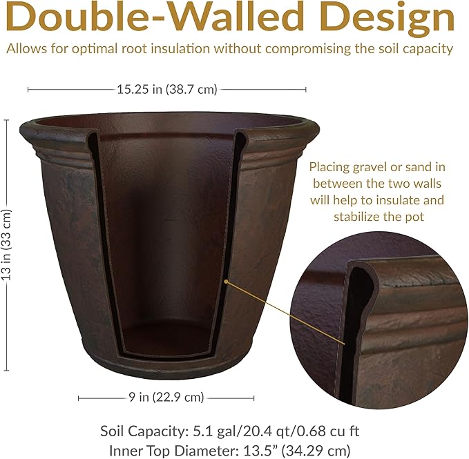 Sunnydaze 15.25-Inch Anjelica Large Plastic Pot for Plants - Double-Walled Outdoor Polyresin Round Planter with Drillable Drainage Holes - Rust