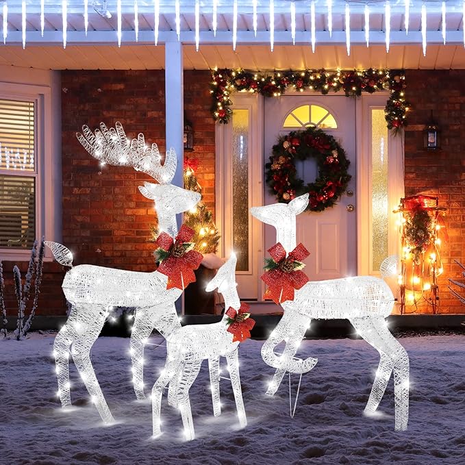 VINGLI Lighted Reindeer Christmas Decoration 3-Piece Deer Family Set for Outdoor Decor, Pre-lit 270 LED Christmas Deers for Outdoors Yard Ornament with Stakes, Zip Ties-White