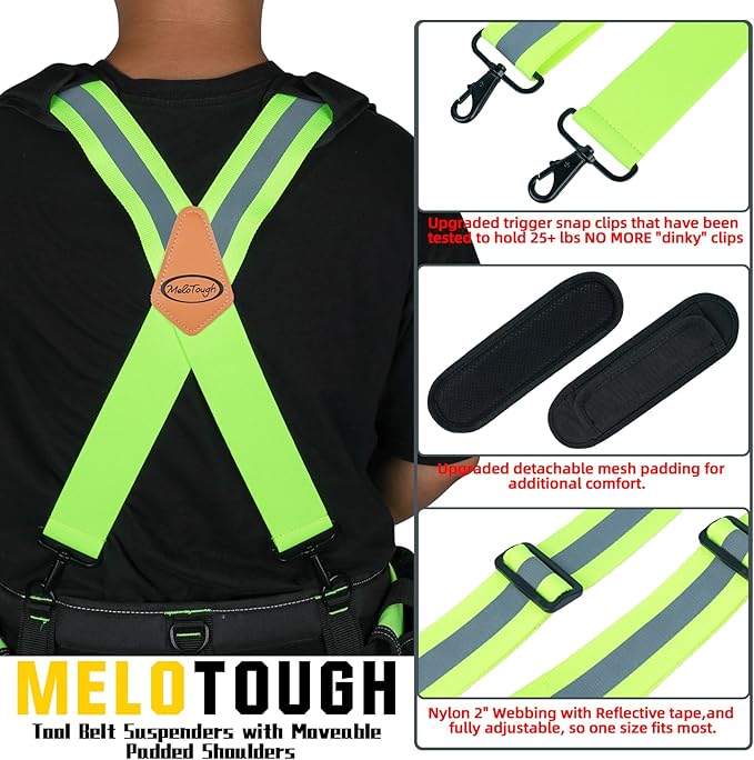 MELOTOUGH High Visibility Tool Belt Suspenders Safety Reflective Tool belt Harness for Heavy Duty Work belt with Movable shoulder Pads, Quick lobster clasp (4 point support with high visibility)