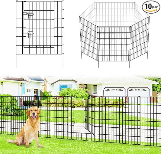 Metal Garden Fence 32 inch H x 28 inch W, 10 Panels (9 Panels + 1Gate), Total 23 ft, No Dig Fence Rustproof Animal Barrier Fencing for Dog, Rabbits, and Patio,Yard