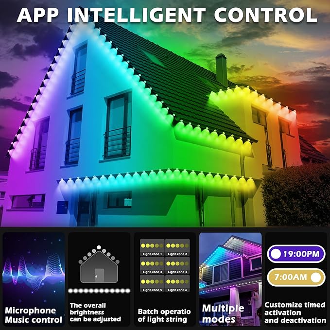 SINLEY Permanent Outdoor RGB Lights,Waterproof Smart LED Eaves Lights with App/Remote Control,for Christmas and All Holiday Decor,Daily and Accent Lighting,House Roof and Garden Lighting (200FT)